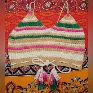 Striped Knitted Crotched Halter Tank Top Hippie Top